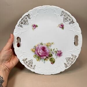 Vintage Porcelain Rose Floral Handled Display Cake Plate Gold Scrolls 9.5"